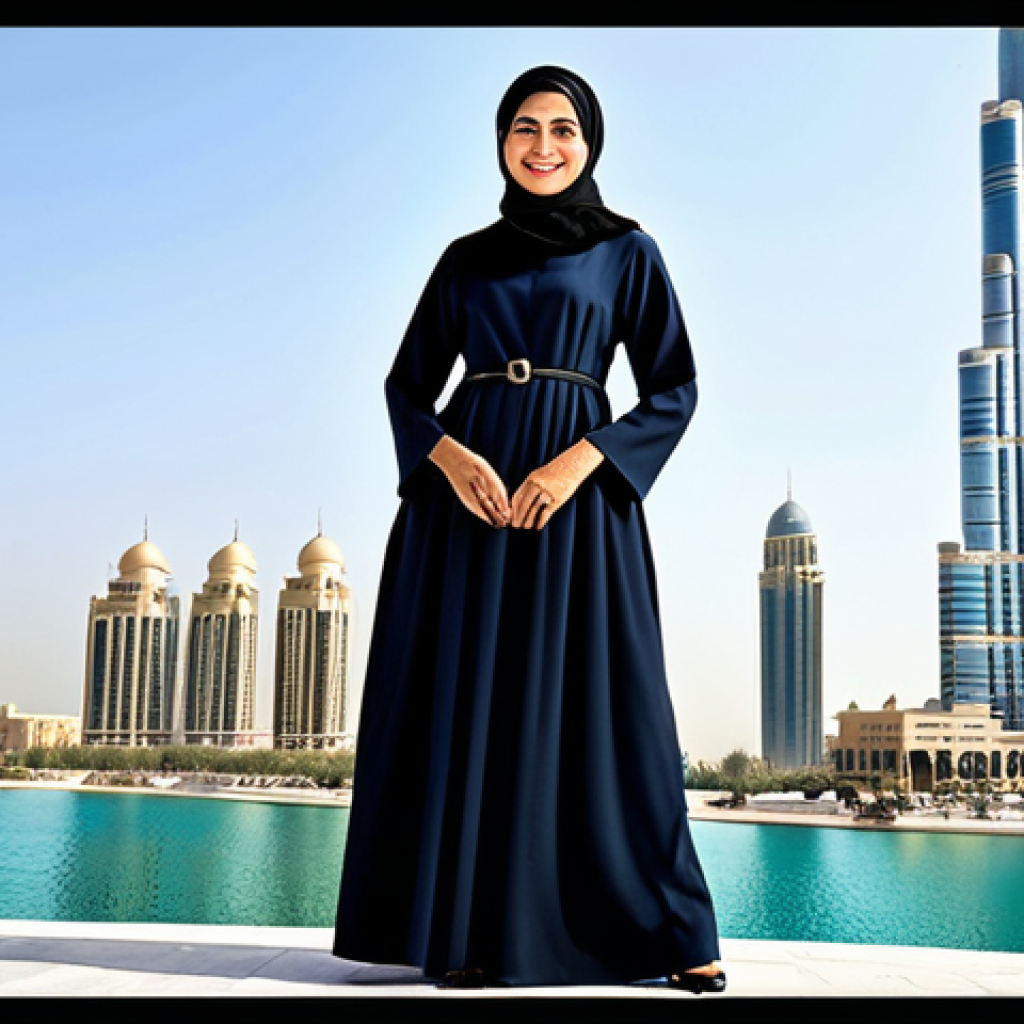 Modern Professional Woman in Dubai**

"A professional Arab businesswoman in a stylish, modest abaya and hijab, standing confidently in front of the Burj Khalifa in Dubai. She is smiling gently. Fully clothed, appropriate attire, safe for work, perfect anatomy, natural proportions, professional photography, high quality."

**