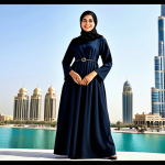 Modern Professional Woman in Dubai**

"A professional Arab businesswoman in a stylish, modest abaya and hijab, standing confidently in front of the Burj Khalifa in Dubai. She is smiling gently. Fully clothed, appropriate attire, safe for work, perfect anatomy, natural proportions, professional photography, high quality."

**