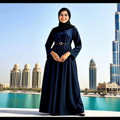 Modern Professional Woman in Dubai**

"A professional Arab businesswoman in a stylish, modest abaya and hijab, standing confidently in front of the Burj Khalifa in Dubai. She is smiling gently. Fully clothed, appropriate attire, safe for work, perfect anatomy, natural proportions, professional photography, high quality."

**