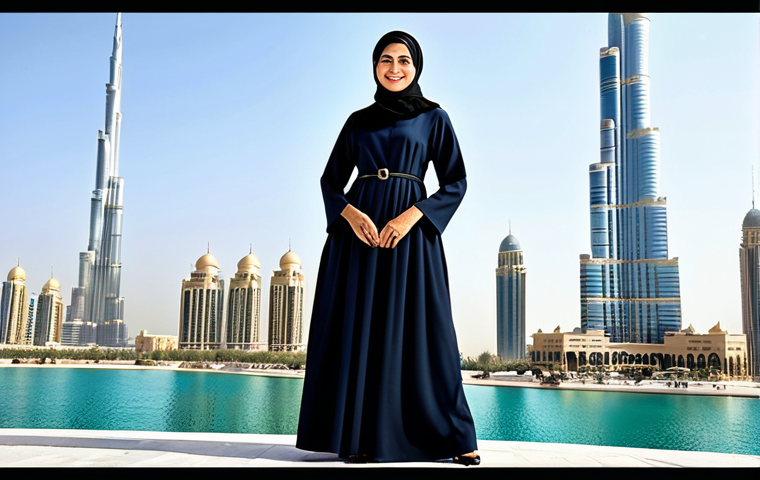 Modern Professional Woman in Dubai**
"A professional Arab businesswoman in a stylish, modest abaya and hijab, standing confidently in front of the Burj Khalifa in Dubai. She is smiling gently. Fully clothed, appropriate attire, safe for work, perfect anatomy, natural proportions, professional photography, high quality."
**