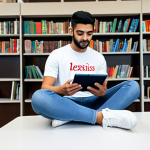 **

A student sitting at a desk in a bright, modern library. They are fully clothed in modest casual wear (jeans and a t-shirt). They are using a tablet displaying a study app (like LexisNexis Q&A) with Arabic text. Books and notes are scattered around the desk. Safe for work. Appropriate content. Perfect anatomy, correct proportions, natural pose, well-formed hands, proper finger count, natural body proportions, professional, family-friendly.

**