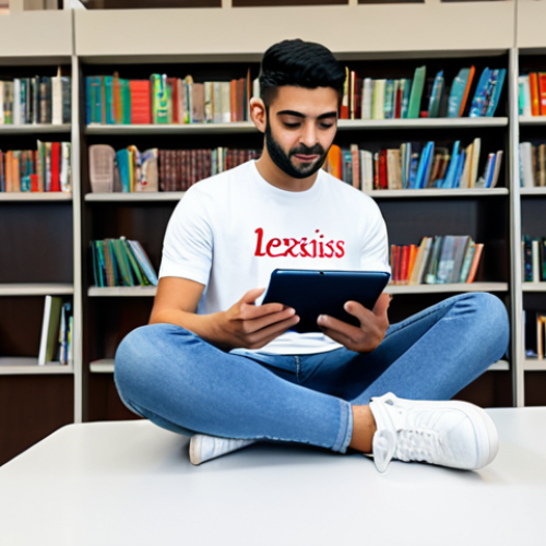 **

A student sitting at a desk in a bright, modern library. They are fully clothed in modest casual wear (jeans and a t-shirt). They are using a tablet displaying a study app (like LexisNexis Q&A) with Arabic text. Books and notes are scattered around the desk. Safe for work. Appropriate content. Perfect anatomy, correct proportions, natural pose, well-formed hands, proper finger count, natural body proportions, professional, family-friendly.

**