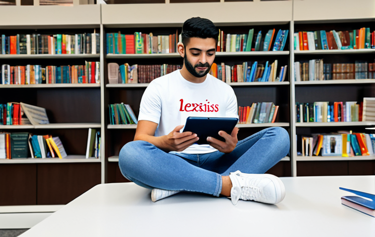 **
A student sitting at a desk in a bright, modern library. They are fully clothed in modest casual wear (jeans and a t-shirt). They are using a tablet displaying a study app (like LexisNexis Q&A) with Arabic text. Books and notes are scattered around the desk. Safe for work. Appropriate content. Perfect anatomy, correct proportions, natural pose, well-formed hands, proper finger count, natural body proportions, professional, family-friendly.
**
