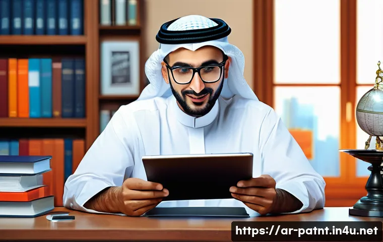 변리사 관련 법률 용어 정리 - A detailed illustration of an Arab inventor in a modern office setting, wearing traditional Gulf att...