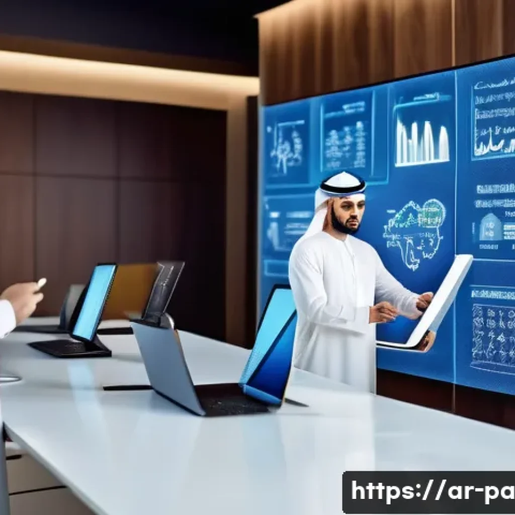변리사와 기업 지식재산권 관리 - A modern corporate office scene in a Middle Eastern city with diverse Arab business professionals co...