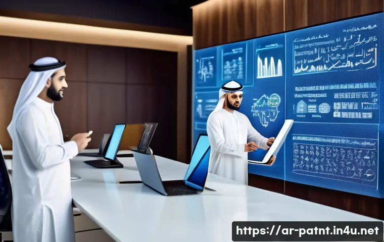 변리사와 기업 지식재산권 관리 - A modern corporate office scene in a Middle Eastern city with diverse Arab business professionals co...