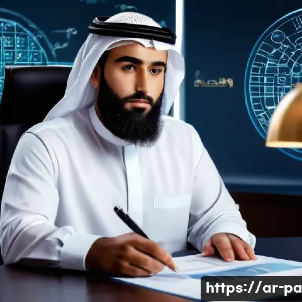 변리사로서의 전문성 개발 - A professional Middle Eastern patent attorney in a modern office, wearing formal business attire wit...