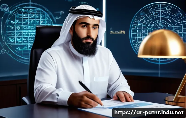 변리사로서의 전문성 개발 - A professional Middle Eastern patent attorney in a modern office, wearing formal business attire wit...