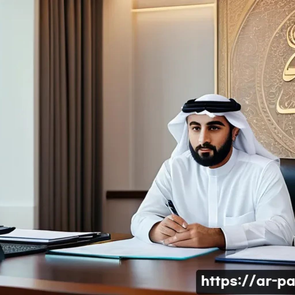 변리사와 정부 연구 프로젝트 사례 - A professional Middle Eastern lawyer in traditional business attire, sitting confidently at a modern...