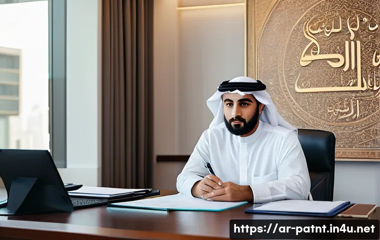 변리사와 정부 연구 프로젝트 사례 - A professional Middle Eastern lawyer in traditional business attire, sitting confidently at a modern...