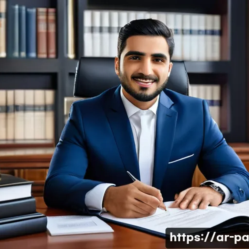변리사 자격증의 가치 - A professional Middle Eastern intellectual property lawyer in a modern office, wearing a tailored da...