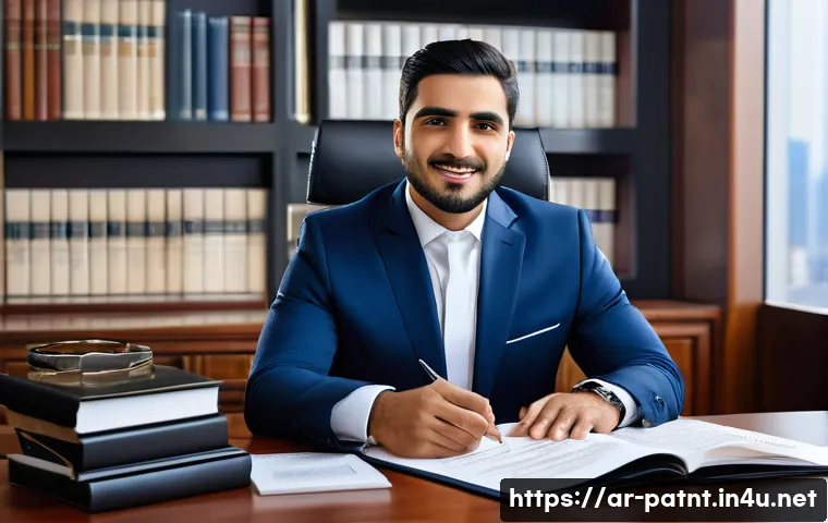 변리사 자격증의 가치 - A professional Middle Eastern intellectual property lawyer in a modern office, wearing a tailored da...