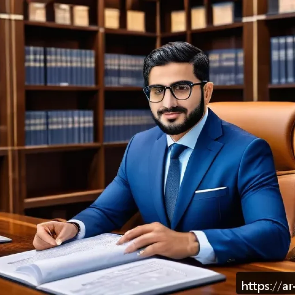 변리사와 지재권 분쟁 해결 사례 - A professional Middle Eastern patent attorney in a modern office, wearing a smart business suit and ...