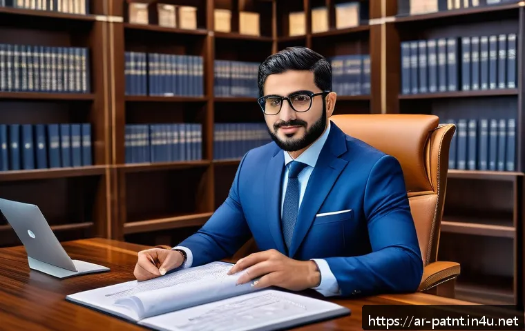 변리사와 지재권 분쟁 해결 사례 - A professional Middle Eastern patent attorney in a modern office, wearing a smart business suit and ...