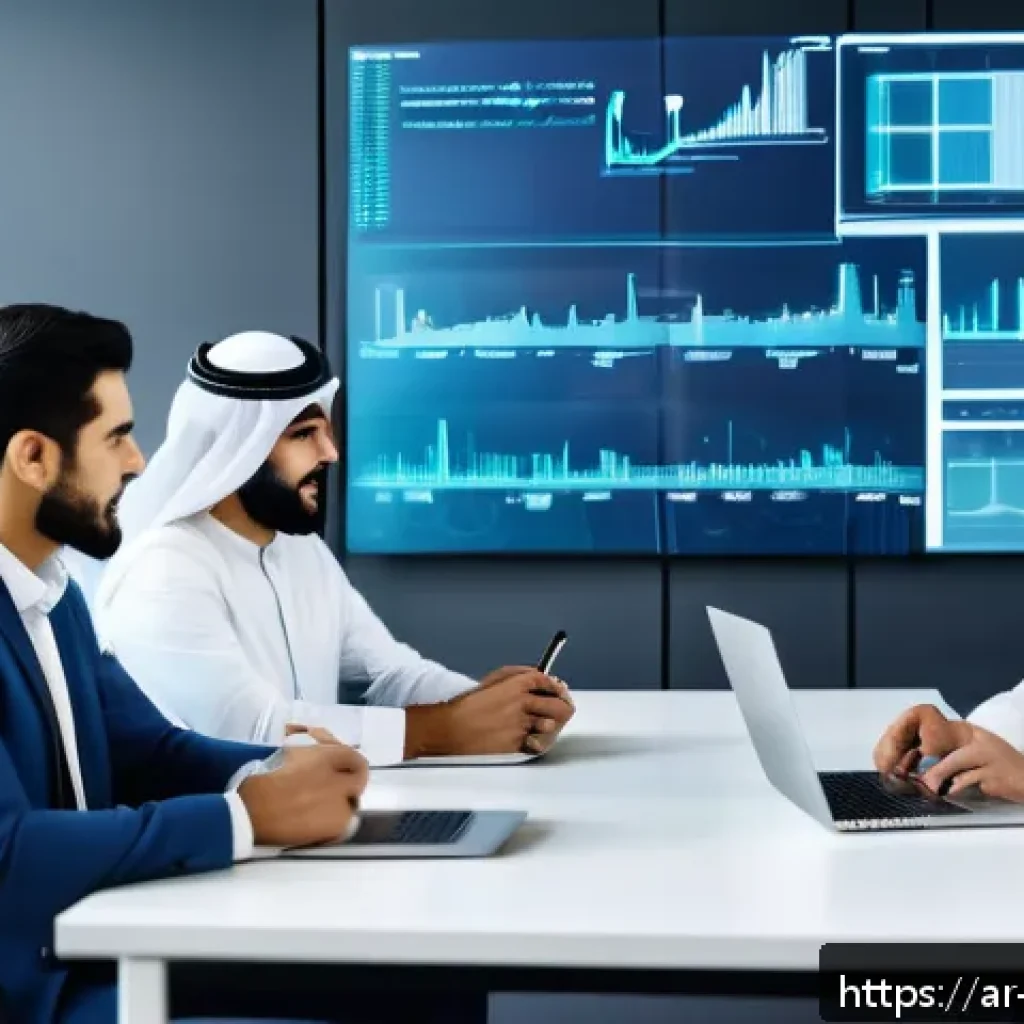 변리사로서의 커리어 패스 - A modern office scene in a Middle Eastern city, featuring a diverse team of Arab professionals engag...
