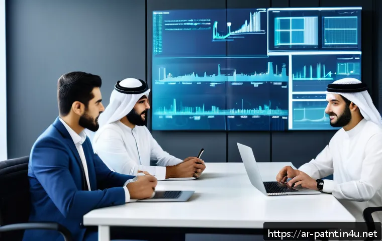 변리사로서의 커리어 패스 - A modern office scene in a Middle Eastern city, featuring a diverse team of Arab professionals engag...