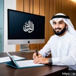 Home 22 변리사 상표 출원 노하우 - A professional Arabic business setting featuring a confident entrepreneur presenting a distinctive b...