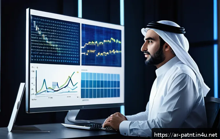 변리사와 데이터 기반의 특허 전략 - A professional Middle Eastern patent attorney in a modern office setting, analyzing large digital sc...