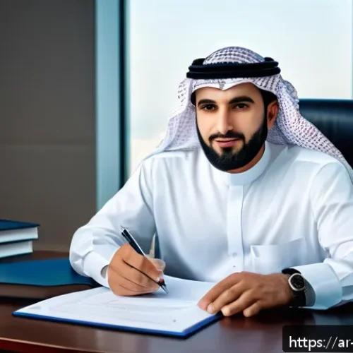 Home 32 변리사 직무 인터뷰 - A professional Middle Eastern patent expert in traditional attire, sitting confidently at a modern o...