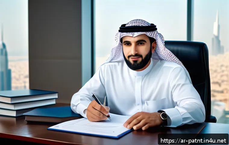 변리사 직무 인터뷰 - A professional Middle Eastern patent expert in traditional attire, sitting confidently at a modern o...