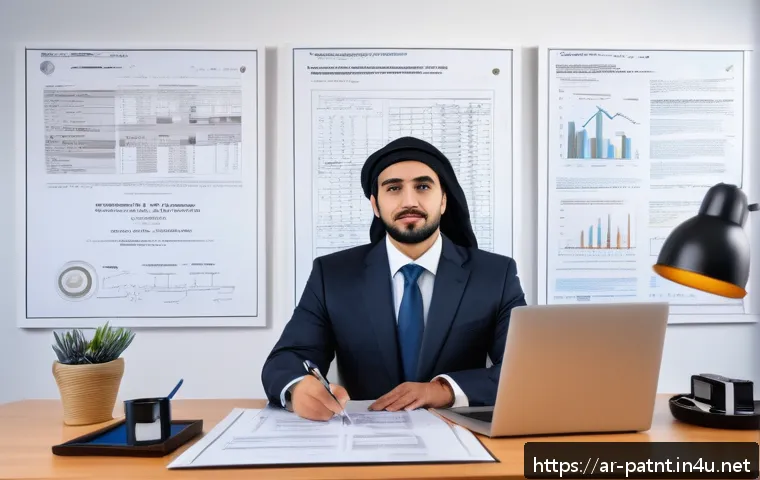 변리사 실무와 특허 침해 사례 분석 - A professional Middle Eastern patent attorney in a modern office, surrounded by patent documents, te...