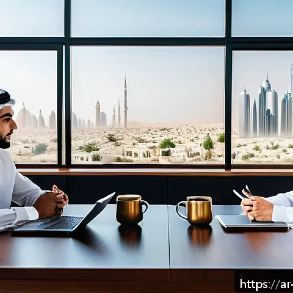 변리사 업무에서의 협업 - A professional meeting room scene in a modern office in the Middle East, featuring a diverse team of...