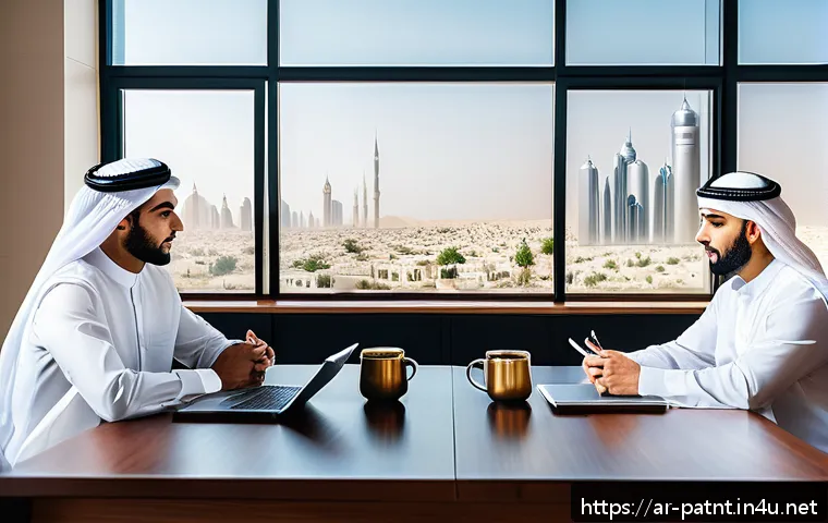 변리사 업무에서의 협업 - A professional meeting room scene in a modern office in the Middle East, featuring a diverse team of...