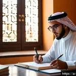 Home 23 변리사 시험 후기 - A modern Arab study room with traditional Islamic geometric patterns on the walls, filled with books...