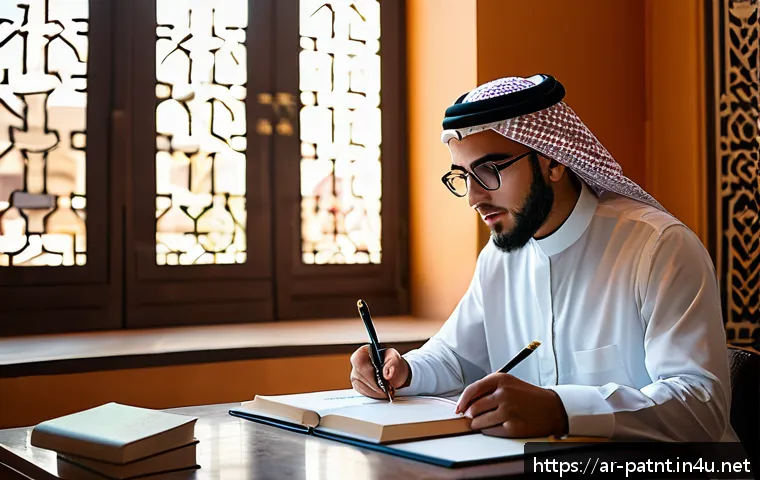 변리사 시험 후기 - A modern Arab study room with traditional Islamic geometric patterns on the walls, filled with books...