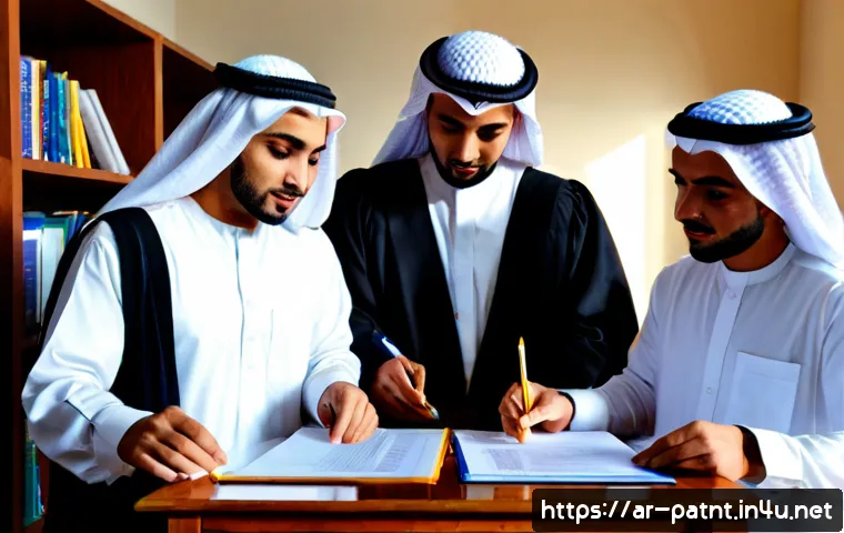 변리사 시험을 위한 그룹 스터디 장점 - Photorealistic group study session for a patent attorney exam, four Arab university graduates in mod...