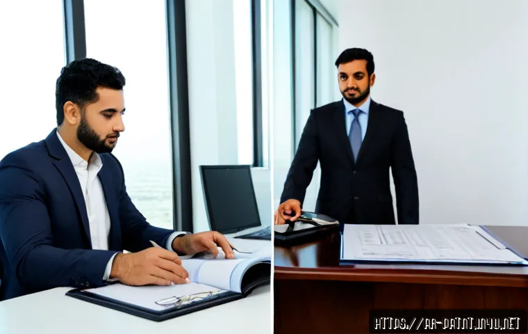 변리사와 변호사 차이점 - Photorealistic split-screen comparison in a modern Gulf Arab office: on the left, an Arab patent att...