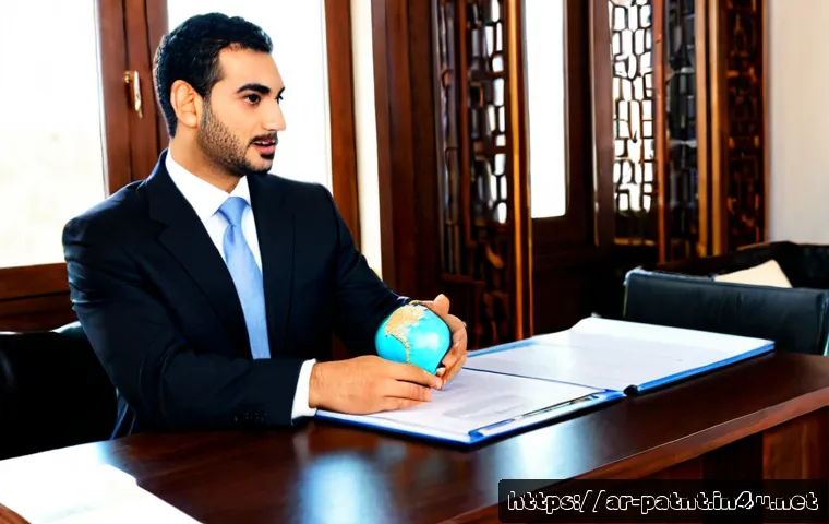 변리사와 국내외 특허 비교 - Photorealistic modern patent attorney consultation in a refined Middle Eastern law office, an Arab p...