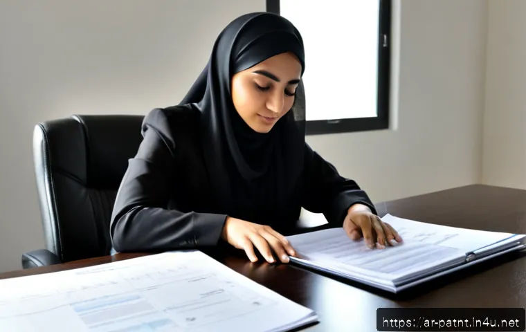 변리사 수습 과정 - Photorealistic scene of a young Arab patent attorney trainee in modest professional attire receiving...
