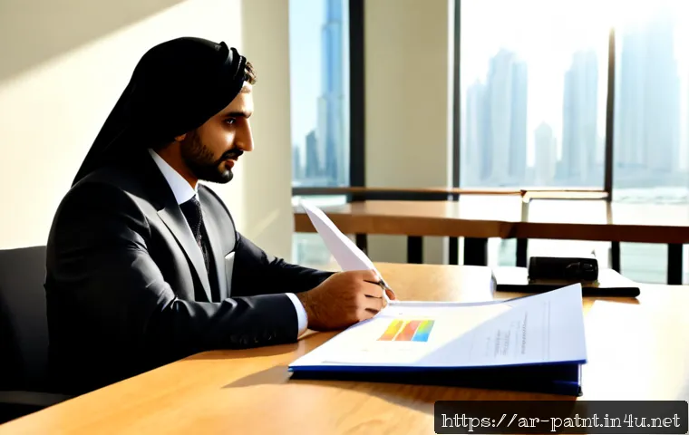 Home 17 변리사와 지식재산권 전략 - Photorealistic consultation between a Gulf Arab patent attorney in a tailored suit and an entreprene...